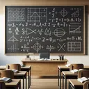 Generate an aesthetically appealing image of a clean, minimalist classroom environment. The centerpiece should be a spacious blackboard upfront, covered in a layer of chalk dust. Various mathematical symbols and formulas should subtly decorate the blackboard, devoid of any direct answers or text. A wooden teacher's desk should be positioned at the front of the room, displaying an open math textbook and some precisely arranged stationery. The room should be filled with oak desks, each showcasing a few neatly arranged mathematics textbooks.