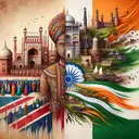 An artistic representation of India and its division into two countries, India and Pakistan, during independence from Britain. The image showcases the colorful and rich culture of the two countries, represented by traditional attire, architecture, and landmarks. It also illustrates a symbolic representation of a fading British flag, symbolizing independence. The image should evoke thought and quest for knowledge, while respecting the sensitive nature of history and cultural diversity.