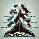 Create an abstract visual representation of the four key elements of a story: Climax, Conflict, Resolution and Rising Action. The Climax is illustrated as a high, towering mountain peak. The conflict appears as stormy, turbulent clouds around the mountain. The Rising Action is depicted as a steep, arduous uphill path, and the Resolution is represented by a calm sea at the base of the mountain. The overall aesthetic of the image should evoke a sense of a dramatic, evolving narrative. Note: No text should be included in the image.