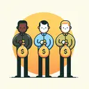 Create an illustration symbolizing the concept of sharing. There should be three people, one Black man, one Hispanic man and one Caucasian man, each man holding a bag with coins representing different currencies. The Black man has a portion of coins while the Hispanic man and the Caucasian man have a larger portion according to the ratio mentioned. Remember to make the image appealing and completely devoid of any text.