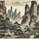Create a serene image inspired by historical Chinese paintings. The setting should be outdoor, reflecting Taoist and Buddhist principles and philosophies, with towering cliffs in the background providing a majestic backdrop. In the foreground, place a small building surrounded by trees, giving a sense of solitude and peace. In addition to these, add a Chinese-style pavilion where a man is sitting in quiet contemplation. The overall arrangement should emphasize harmony, balance between large and small objects and the tranquil relationship between human and nature without any symbols or text.