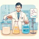 Illustrate a chemistry lab setting where two solutions are being mixed together. Show a beaker filled with 131.0 mL of a light-yellow liquid, representing acetic acid (CH3COOH) and another beaker holding 118.0 mL of a light-blue liquid, signifying sodium acetate (CH3COONa). A scientist, with a South Asian descent and male gender, is transfusing the solutions into a larger container for mixing. Indicate subtly the concentrations of the solutions with 1.247 M for the acetic acid and 1.036 M for the sodium acetate without writing any text.