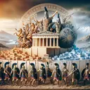 Create an appealing historical scene that correlates with the given context. The image should feature elements that are representative of ancient Greece, including structures like the Acropolis of Athens and warriors in traditional Spartan armor to represent the siege. The scene should also reflect the prosperous Golden Age of Greece transitioning into its end, symbolized by the emergence of Macedonian dominance, represented by soldiers carrying the emblem of Macedonia. No text should be included in the image.