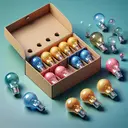 Create a detailed and appealing image that displays a box containing ten uniquely colored light bulbs. Arrange these bulbs such that it's evident that they are different from each other. Added to the scene are three empty placeholders, indicating the spot for three bulbs which can be placed interchangeably to suggest the concept of ordered sampling with replacement.