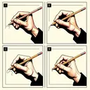 Create a detailed image showcasing four different hand positions used to write with a pencil. The first hand position is shaped as a modified 'X', the second as a modified 'P', the third one represents a modified '1', and the last one is structured like a modified 'i'. Ensure that each hand is holding a pencil and is positioned above a blank piece of paper, ready to write. Please, make the pencils and paper clear, but remember to leave the paper blank and make sure the image contains no text.