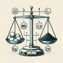 An illustration of a chemistry concept, featuring a plain scale with three distinct sections representing different elements. On one side, show 12 grams of a silvery material denoting magnesium. Next to it, display 6 grams of a black substance, symbolic of carbon. On the other side of the scale, indicate the remainder, therefore 24 grams, of a clear gas symbolizing oxygen. For accuracy, the sections should be in proportion to their weights (12 for magnesium, 6 for carbon, 24 for oxygen). Remember, the image should be appealing and should not contain any text.