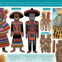 Create an educational visual representation of a 'traje de poblana', an intricate and colorful Mexican folk costume often associated with Puebla. Next, portray the concept of 'Año Viejo', typically represented by large doll-like figures filled with firecrackers, used to burn away the bad of the previous year. Then, include a depiction of three unlabelled Maya achievements, possibly being a step pyramid, a hieroglyph, and an ancient Mayan calendar without any giveaway inscriptions. Lastly, abstractly symbolize the importance of stone, stick, and shell symbols in the Mayan civilization, perhaps through an artwork or carvings.