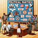 Create a highly detailed image illustrating the theme of political parties and their platforms. Depict several people, of different descents including Hispanic, Middle-Eastern, and Caucasian, and of both genders, in a meeting setting. They're discussing, brainstorming and pointing to a large billboard showcasing various symbols representing social programs, free trade, and new taxes. In the foreground, illustrate symbolic elements such as wooden planks and platforms to represent the topic metaphorically.