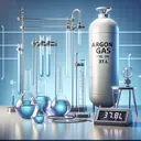 Visualize a scientific setting where argon gas is being measured. Depict a laboratory setup with glass beakers, an argon gas cylinder, and a measuring cylinder that shows 37.8L volume. Include a scale nearby to signify the mass measurement. The setting should be sterile and professional, but there should be no text displayed in the image.