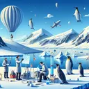 A well-designed, inviting image showing a virtual representation of Antarctica filled with scientific endeavors. In the foreground, a team of three individuals, each representing a different gender and descent, are busy setting up some scientific equipment against the backdrop of icy ridges, vast snowfields, and blue skies. One of them is launching a weather balloon, the second one is studying a chunk of ice core sample, and the third one is observing penguins in their natural habitat, clearly symbolising the diverse research goals of scientists in Antarctica.