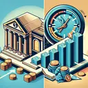 Create a conceptual image representing a financial investment. Feature a stylized bank building and stacks of money, signifying an initial investment. Then show a clock, representing time, and an enlarging stack of money to symbolize the growth of the investment over the years. The colors should be kept bright and appealing; however, make sure the image contains no text.
