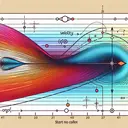Illustrate an abstract representation of a particle moving along a straight line with the velocity changing according to a sinusoidal function. Show varied velocities symbolically with color gradients from cool to warm colors. Cool colors should represent slower velocities, while warm colors represent higher velocities. The particle should start from a point marked 'O'. The line doesn't need to be horizontal. It could be diagonal or vertical, but it should be straight. Keep in mind to include no text in the image.