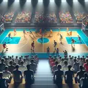 Render a visually appealing scene of a basketball competition in progress. Depict a broad view of a well-lit basketball court with a large audience cheering on. The court is split into five sections, each section representing a different basketball team. Each team, consisting of people of various descents, is actively playing against each other. Use vibrant colors to differentiate the teams and to create a sense of energy and friendly rivalry. Do not include any text in the image.
