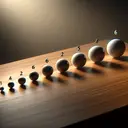 Visualize a geometric progression series where the progression begins with a sphere of size 6, and with each subsequent step, the spheres double in size maintaining the common ratio of 2. In the final scene, six spheres of increasing sizes are arranged neatly in a line on top of a polished wooden surface, under soft ambient light. The first sphere is tiny and each subsequent sphere is twice the size of the one before it, representing the 6 terms in the Geometric Progression.