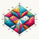 Visualize an irregular polygon with five of its external angles visibly marked as 140 degrees, 120 degrees, 142 degrees, 132 degrees, and 112 degrees. The sixth angle, marked as x, should imply an unknown value. Include clear separations between the angles to emphasize their individuality. The colors should be vibrant and pleasing, with the polygon represented on a white background with a variety of color shades to highlight different angles. Make sure there is no text present in the image.