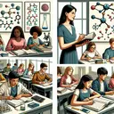 Create an image depicting a classroom setting. The room should be filled with diverse students engaged in studying. In the foreground, show a Caucasian female teacher instructing the group. On one side, depict a group of students - a Black girl, a Hispanic boy, and a Middle-Eastern girl, deeply engrossed in studying sciences with molecules models, textbooks, and lab equipments around them. On the other side, illustrate another group of students - a South Asian boy, a White girl, and another Hispanic boy, working on complex mathematical problems with calculators, rulers, and notebooks. No text should be visible.
