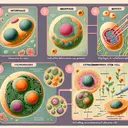 Create a visually appealing, educational collage representing the concepts from cell biology stated in the discussion. The collage should contain five distinctive sections. Firstly, an illustration of a cell in interphase signifying rest. Secondly, a depiction of meiosis where gametes are forming. Thirdly, an image of mitosis during the anaphase with chromosomes splitting into sister chromatids. Fourthly, a representation of a totipotent stem cell with the capability to differentiate into any cell type, including extraembryonic placental cells. Lastly, illustrate the process where a diploid cell undergoing meiosis divides into four haploid cells. Remember, no text should be included in the image.
