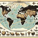 Generate an appealing image that would illustrate the concept of continental drift theory, explained by Alfred Wegener. The image should show different continents with illustrated lines to represent the movement or 'drifting'. Include fossil icons across the continents, indicating the historical locations of different species, to represent the evidence of fossils in supporting his theory. Please ensure that the image contains absolutely no text.