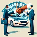 An abstract representation of a business transaction in a car dealership. The picture should have a Caucasian male trader selling a generic model sedan car to a customer, who is a middle-aged Black male. The car should be bright and shiny indicating its new condition. Also, depict Nigerian Naira bills totaling 1250, symbolizing the transaction amount. Include the additional elements illustrating the exchange process such as a handshake and papers being handed over. Don't include any text in the image.
