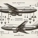A detailed image of two visually distinct airplanes having the same type of engine. The first airplane is clearly depicted to be double the size (mass) of the lower, second one. Both airplanes are in flight, with prominent engines visible. Above each airplane, produce physics diagrams indicating forces: downward gravitational force proportional to their sizes, and an upward force from the engine. Do not include any text in the image.