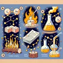An image presenting abstract representations of different actions described in the test questions. Show carbon atoms, oxygen atoms and a chemical reaction to represent question 1. In question 2, illustrate a stick of butter being heated, paper being torn, acid base reaction and a log burning to ash. For question 3, depict atoms being rearranged during a chemical reaction. Lastly, for question 4, show two separate liquids combining in a beaker and a gas escaping. The image should only have visuals and no written or drawn text.