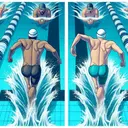 Visualize an image depicting a competitive swimming training session. Show two swimmers practicing simultaneously in the same pool, one with a Middle-Eastern descent wearing a loose, baggy swimsuit referred to as drag suit, and another with Hispanic descent in a sleek, tight-fitting racing suit. Surrounding water should be shown reacting differently to the two suits, creating more waves around the swimmer in the drag suit to signify resistance. Do not include any written text in the image.