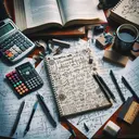 Create a visual representation of a student's desk in a physics class, trying to solve scientific notation problems. The desk is cluttered with stationery like pens, erasers, a calculator, a coffee mug and a notebook with unrecognizable scribbles meant to represent the scientific notation problems. Also, there is a hint of a physics book lying open, although the text in the book is blurry, making sure it doesn't detract from the main elements of the scene. The mood is reflective of studious focus and a bit of anxiety.