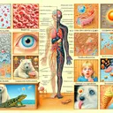 Imagine a meticulously drawn diagram of the human body split into multiple segments to visually interpret the mentioned biology questions. The uppermost segment showcases blood cells circulating nutrients. In the midsection, an outline of a human figure illustrates the hierarchical order from cell to organism. Other visuals include images representing bones providing shape, impaired capillaries, blood flow, components of the excretory system and digestive system. The lower half of the diagram illustrates the nervous system's reaction to sensory stimuli, the components of a nerve cell, and thermal reception via an ice cream cone. Amidst the clutter of these illustrations, a small girl is vividly depicted just as she opens her eyes inside a brightly lit room, with eyes intricately detailed showing various tissue types. On the bottom right, a calm polar bear withstands freezing weather, while on the left, a lizard basks atop a sunny rock.