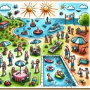 Visualize an idyllic summer scene displaying various activities that make the season enjoyable. Draw the bright sunny weather along with people of diverse genders and races. Show some of the people playing outside - maybe in a park - and others swimming in a nearby pool. Avoid cluttering the scene with elements like bugs, sunburns, or distant beaches, which aren't directly tied to the main idea.
