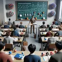 Generate an image that is a representation of a physics class that focuses on the study of impulse and momentum without any text. Details should include a clean, well-lit classroom with a blackboard displaying diagrams of equations, and balls in motion. A lecturer of East Asian descent, regardless of gender, should be depicted doing the lecture while the diverse students, both male and female of varying descents, are keenly listening and taking notes. Also, show displayed models of atoms and molecules around the room. The cue stick and ball from a game of pool being displayed as a physical reference.