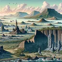 Illustrate a diverse landscape which subtly tells the story of volcanism in an educational context. Depict the remnants of a weathered volcano with evident features of erosion and lava flows in the foreground. In the middle distance, illustrate striking cliff-like figures to represent the Palisades, showing its columnar structure which indicates a rapid cooling of lava. Further in the distance, arrange a group of islands gradually increasing in size, symbolizing the formation of the Hawaiian islands through successive volcanic eruptions. However, all these elements should blend seamlessly into a nature-inspired panorama, which on a deeper look, describes the transformative role of volcanoes on the earth's surface.