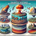 An educational diagram illustrating the methods used by scientists to organize Earth's history. The diagram should include four distinct sections, each visualizing a different method. The first section portrays a catastrophic event, representing mass extinctions. The second showcases a collection of different fossils depicting the fossil record. The third displays a detailed and color-coded geologic time scale. The last conveys several layers of rock, each differing in color, size, and composition. Make sure the image is eye-catching and appealing but contains no text.