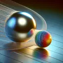 Depict a scientific scene signifying a physics concept: Following the collision of two balls, a large, shining, metal ball initially at rest on a plain surface, now starts rolling slowly. This ball collides with a smaller, vibrant-hued rubber ball that was initially in motion at a high velocity across the plain surface. Consider using lighting and shading techniques to emphasize the motion and change in momentum. The image should not contain any text and should be aesthetically pleasing.
