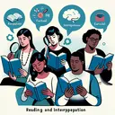 Create an illustration showing the concept of reading and interpretation. Depict four different individuals of varying descent and gender each engaged with a book. The first person, a Caucasian woman, is poring over a book with a magnifying glass, symbolizing a factual reader. The second person, a Hispanic man, is reading with thought bubbles indicating interpretations. The third person, an Asian woman, is cross-checking a book with another, indicating the characteristic of an accurate reader. The fourth person, a Black man, is reading while jotting down notes, symbolizing a critical reader.