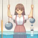 Draw an image showcasing an experiment setting where a young female student of Asian descent is preparing to drop two spheres above a pool of water. One ball should be significantly bulkier than the other, indicating different masses. The student should hold the balls at the same height, conveying that they will be dropped from the same level. Also include a tape measure or ruler floating alongside to represent the same drop height for both balls. The setting should exist in a well-lit laboratory.