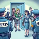 Generate a non-textual image incorporating a press conference scenario. The image should illustrate journalists showing different types of badges or identity cards to a security guard, granting them the right to enter a room designated as a media or press room. The situation should also depict a Caucasian woman, seemingly anxious, not being able to find her press badge and thus being turned away from the entrance.