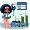 Illustrate an image showing a young African woman holding keys to a new shiny car with a price tag of 1.6 million. She is happily counting a stack of cash amounting to 800,000 along with six similar smaller stacks for the annual installments. Visualize a graphical representation of compound interest at 4% connected to these smaller stacks, symbolizing the annual payments.