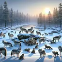 An illustration showing a serene snow-covered forest landscape during twilight hours, bathed in a soft glow of the setting sun. Focal points include a large group of around 20 realistic wolves, varying in age from pups to full-grown adults, socializing and playfully interacting with each other in the clearing of the forest. The image gives an impression of hierarchy, with an adult male and female wolf subtly positioned higher on a rock or a hill, overlooking the pack. Nevertheless, ensure the image maintains an aura of tranquility and natural harmony.