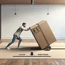 Create an image of a man exerting effort to push a large, heavy box across a polished wooden floor for four meters. The man has Hispanic descent and is dressed in casual attire. The box continues to slide another meter on its own after he stops pushing. The scene is set in a spacious room with minimal furnishings to avoid distraction. Please ensure that the image contains no text.