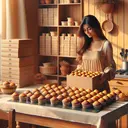 A warm, inviting kitchen scene offers a cheerful backdrop for the task at hand. Mischa, a young South Asian woman, stands nest to a large table lined with rows of freshly baked muffins, their tops perfectly golden brown. In her hands, she holds a box, visually divided into 12 equal sections, and she places the muffins inside, carefully arranging them. Exquisitely decorated boxes stacked nearby signal her progress, making it evident that she has been at this process for a while. She looks content, a small smile on her face. Remember, the image has no text.