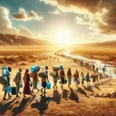 An engaging image illustrating the global water crisis based on the provided context. The image should feature a line of diverse people carrying water containers in arid conditions, representing those who must travel long distances for clean water. The people in the scene are of various descents like Hispanic, Caucasian, Black, Middle-Eastern, and South Asian, with both genders prominently present. It is daytime, underneath a glaring sun against a clear sky. Include distant views of a sparse, mostly barren landscape. Make sure there is no text in the image.
