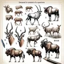 Create a diverse group of animals that are mentioned in a context of a question. Include an oryx with long, pointed upward horns, a moose seen from a close distance and a chamois with soft skin. Add a kudu with long spiral horns drawn by an unseen artist. And finally, annotate a difference between a bison and a musk ox. The image must not contain any text.