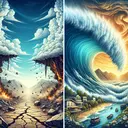 Create a visually appealing scene showing the natural events of an earthquake and a tsunami side by side. On the left, depict a landscape experiencing an earthquake, with the ground splitting apart, rocks shaking and dust rising. On the right, vividly illustrate a powerful tsunami with a gigantic wave coming towards the shore, showing its destructive power. Make sure to capture the chaos and power of these natural disasters. Do not include any text within the image.