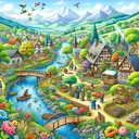 An illustrated scene of a quaint village nestled amidst flourishing flora with vibrantly colored flowers and lush green trees. A winding river of crystal clear water passes through the village, and wooden bridges connect different portions of the village. Colorful birds are chirping and fluttering about, and in the distance, snow-capped mountains serve as an enchanting backdrop. A few villagers of various ages, genders, and descents such as Caucasian, Asian, and African are spending time outdoors, engaged in various activities like gardening, fishing, and painting.