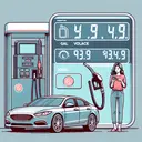 Create a detailed visual representation of a scene at a gas station, preferably showing a woman with South Asian descent fueling her car. Display a digital meter showing the gas volume at 48.3 L and the total cost at $37.43. Note that the image should not contain any written text expressing the question, only the visual representations.