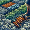Create a visually appealing and intricate image of a lush vegetable garden with a variety of plants, focusing particularly on a bountiful patch of vibrant orange carrots. Include a gardener, a Hispanic woman, tending to the garden, appearing pleased with the carrots. Emphasize the ease of growing the carrots even without special care, hinting that they are the easiest vegetables to grow.