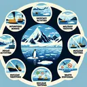 Visualize a clean, untouched natural environment depicting the Antarctic landscape. Include details such as endless stretches of ice, the tall mountain range and vibrant blue glaciers. Show a no signboard displaying negative activities like mining, military activities, nuclear testing, and waste disposal which represents the key provisions of the Antarctic Treaty. Ensure no text is included within the image.