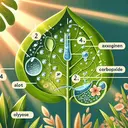 Illustrate an image depicting photosynthesis in a plant within an outdoor environment. The image should focus on the microscopic structure of a leaf, showing details of stomata and how it interacts with the surrounding gases. Visibly show the splitting of water into hydrogen and oxygen, the release of oxygen, the absorption of light energy by chlorophyll, and the combining of carbon dioxide and hydrogen to make glucose. Also, depict the effect of blocking stomata with an substance akin to petroleum jelly on the leaf. Remember, there should be no text in the image.