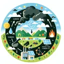 Create an image that portrays the concept of the carbon cycle with a focus on fossil fuels. The image should represent how fossil fuels, being rich in carbon, when burned release carbon into the atmosphere as part of this cycle. Depict this as a circular process highlighting the path carbon takes from the ground (as fossil fuels) up into the atmosphere and back down again. Make sure the image is pleasing to look at, but contains no text.