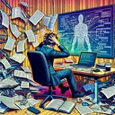 Create an image of a frustrated person, of South Asian descent, sitting in front of a computer in a brightly lit room. The person is pulling their hair out in stress, surrounded by scattered papers containing incomprehensible notes. A coffee cup on the side and an open textbook add to the chaos. The figure of a complex logic flowchart is visible on the computer screen. Ensure the image has a contrasting color scheme, but no writings or symbols. It should encapsulate academic struggle and the demand for assistance.